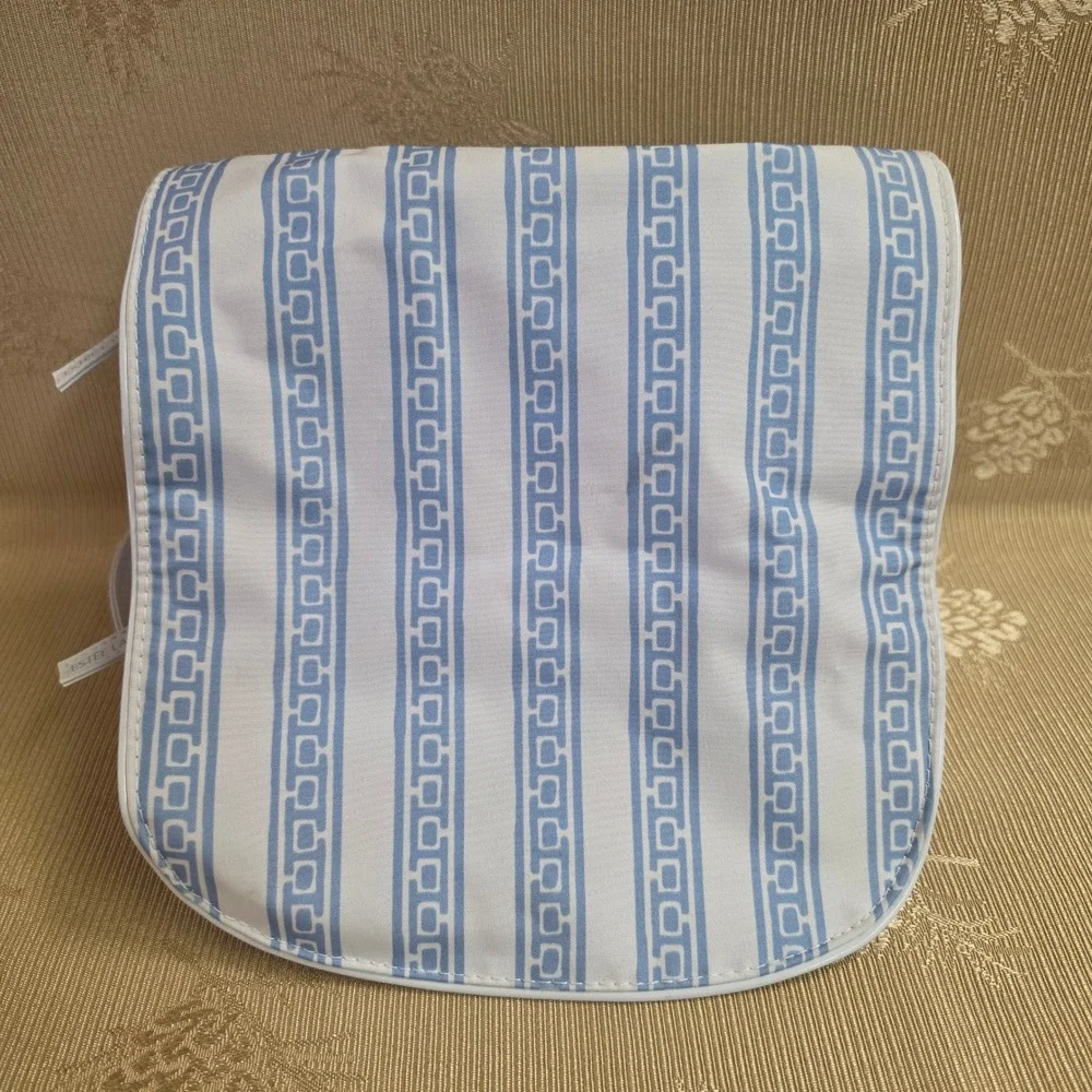 Estee Lauder Blue White Greek Key Stripe Travel Cosmetic Makeup Bag Organizer